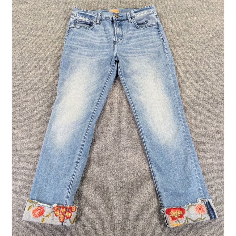 Driftwood Jackie Crop Jeans 28 Light Wash Floral Embroidered Frayed Hem C3879A